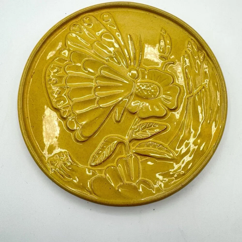 FRANKOMA Art Pottery BUTTERFLY Trivet Ceramic yellow Round Footed Hot Plate